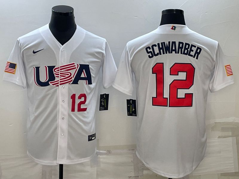Men 2023 World Cub USA 12 Schwarber White Nike MLB Jersey6